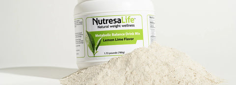NutresaLife Lemon Lime flavor drink mix container with mix on a white background
