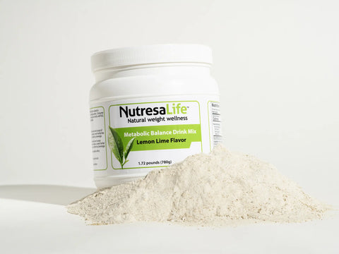 Nutresalife Metabolic Balance Drink Mix container (lemon lime flavor) with powder on a white background