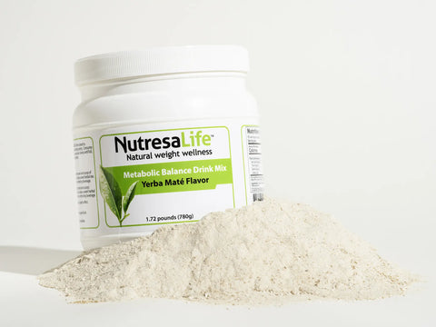 Nutresa Life Metabolic Balance Drink Mix (yerba mate flavor) container with powder on a white background